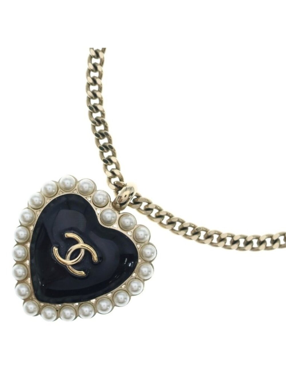Chanel CC Logo Faux Pearl Heart Necklace Metal Black Gold
